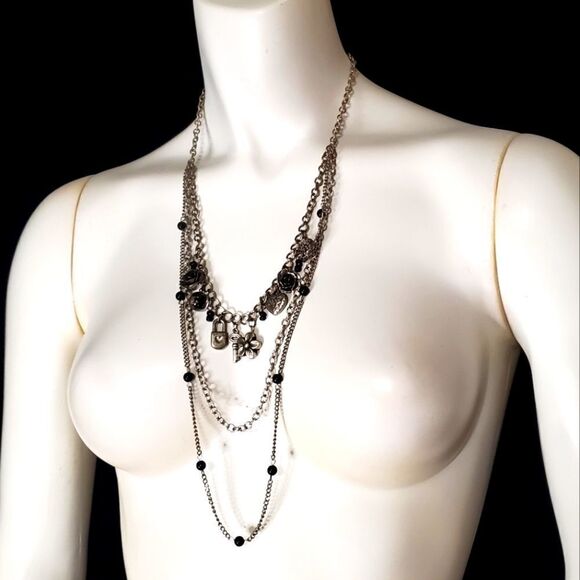 Silver & Black Multilayer Flower & Lock & Key Necklace - Picture 1 of 4